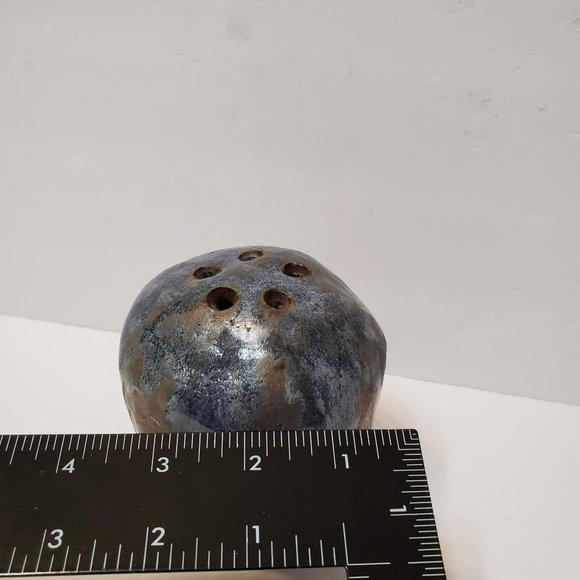 Art Pottery Vase, Flower Frog, Stoneware, Signed Studio Pottery, Blue Beige Pot - Picture 7 of 8